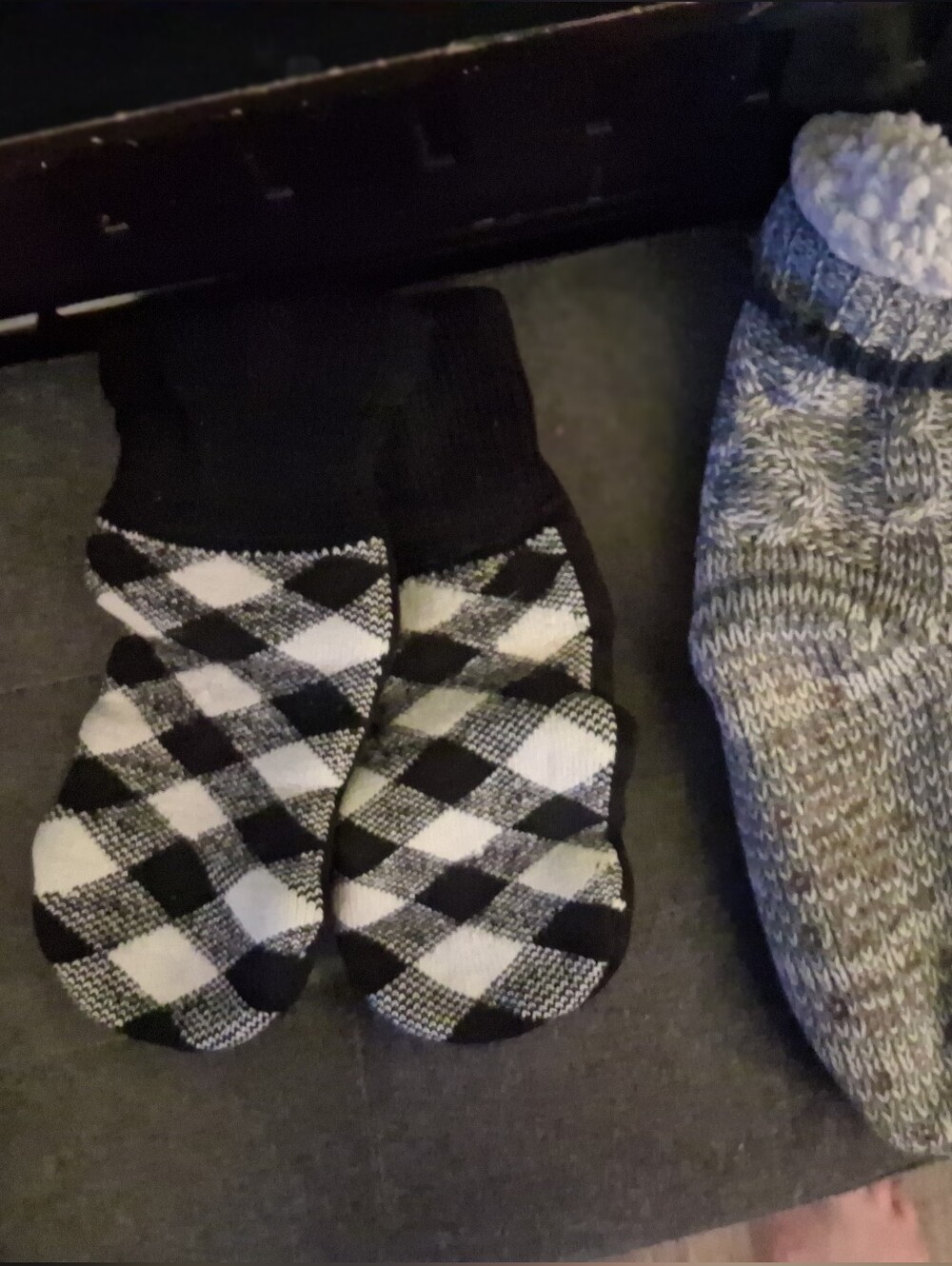 Cozy Sherpa-Lined Grey Slipper Socks + Black & White Argyle Mittens